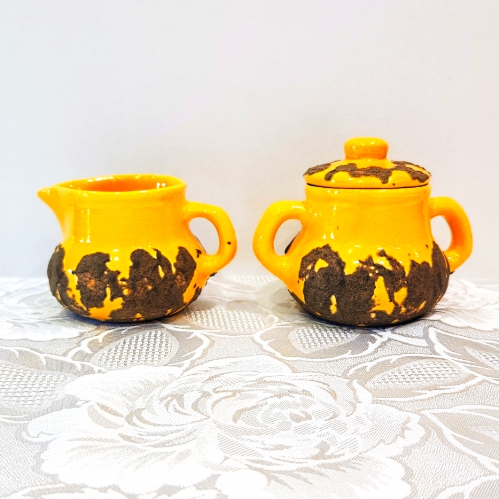 Evangeline pottery set of yellow lava glaze creamer and sugar dish